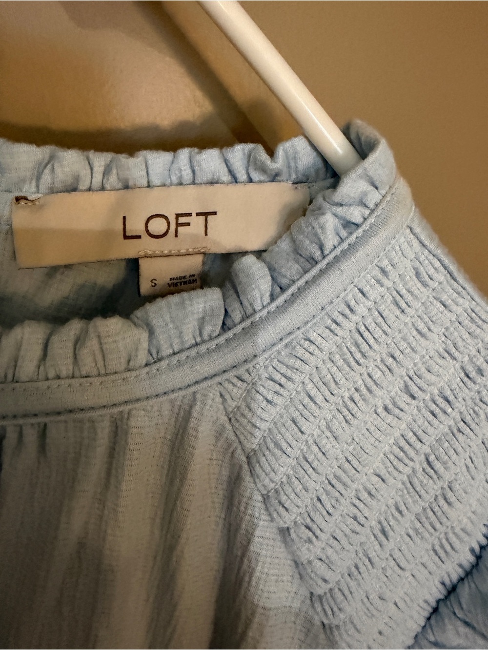LOFT Light Blue Smocked Shoulder Ruffle Neck Blouse - Picture 6 of 6